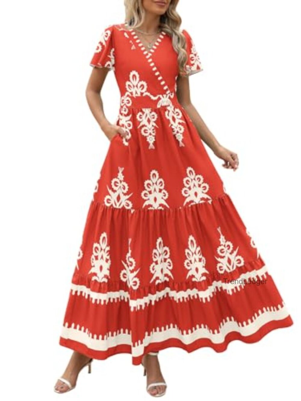 Womens Floral Boho Maxi Dress V-Neck A-Line Short Sleeve Tiered Summer